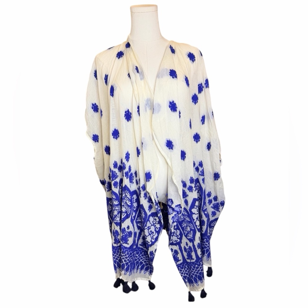NWT J.Crew Blue & White Tassel Kimono Swim Cover Up OS